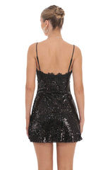 Floral Trim Sequin Dress in Black