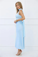 Sapphire Diva Halter Mesh Satin Maxi Dress Blue