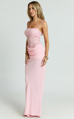 Rania Maxi Dress Contrast Lace Bodice Bias Cowl Drop Waist Dress in Pink