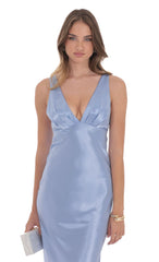 Satin V-Neck Maxi Dress in Sky Blue