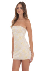 Satin Jacquard Strapless Dress in Champagne