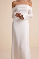 Saintclair White Satin Off-the-Shoulder Long Sleeve Maxi Dress