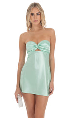 Satin Strapless Twist Cutout Dress in Mint Green