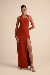 Unforgettable Rust Red Asymmetrical Halter Maxi Dress