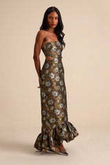 Nathania Olive Floral Jacquard Strapless Bubble-Hem Maxi Dress