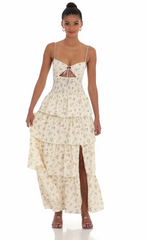 Floral Cutout Ruffle Maxi Dress in Cream