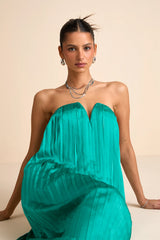 Celandine Teal Green Pleated Strapless Swing Maxi Dress
