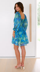 Xarissa Mini Dress - Blue / Green Print