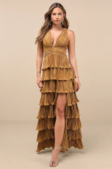 Beauty Icon Gold Satin Pleated Tiered Lace-Up Maxi Dress