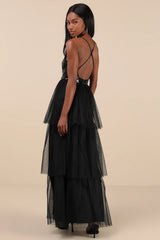 Maydon Black Tulle Sequin Tiered Maxi Dress