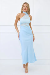 Sapphire Diva Halter Mesh Satin Maxi Dress Blue