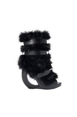 AZALEA WANG ELIANA BLACK FUR OPEN TOE WEDGE BOOTIE