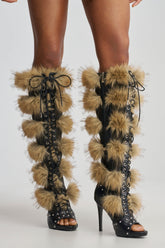 AZALEA WANG EMBRY TAN MULTI FUR OPEN TOE BOOT