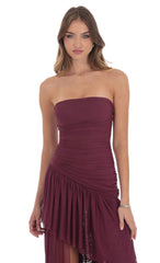 Mesh Asymmetrical High Low Maxi Dress in Plum
