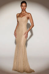Metallic Lace Godet Gown in Gold