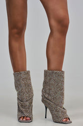 AKIRA GOLD JANINE BLACK AND WHITE RHINESTONE PATTERN STILETTO OPEN TOE BOOTIE