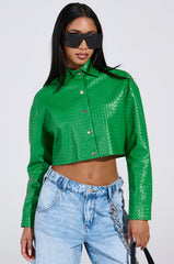 TOO EXPENSIVE FOR YOU WOVEN PU CROPPED BUTTON UP SHIRT