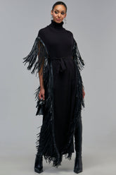 CHEYENNE FAUX BLACK LEATHER FRINGE BELTED SWEATER