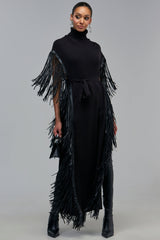CHEYENNE FAUX BLACK LEATHER FRINGE BELTED SWEATER