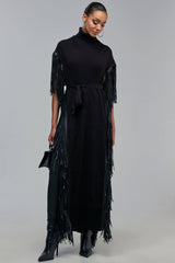 CHEYENNE FAUX BLACK LEATHER FRINGE BELTED SWEATER