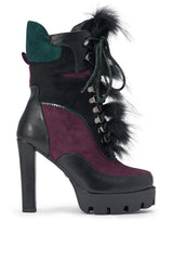 AKIRA GOLD SNUG PURPLE MULTI FUR COMBAT BLOCK HEEL BOOTIE