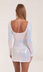 Iridescent Sequin Long Sleeve Dress in LightPink