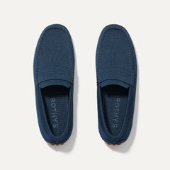 A pair of The Driving Loafer in Navy shown from the top.