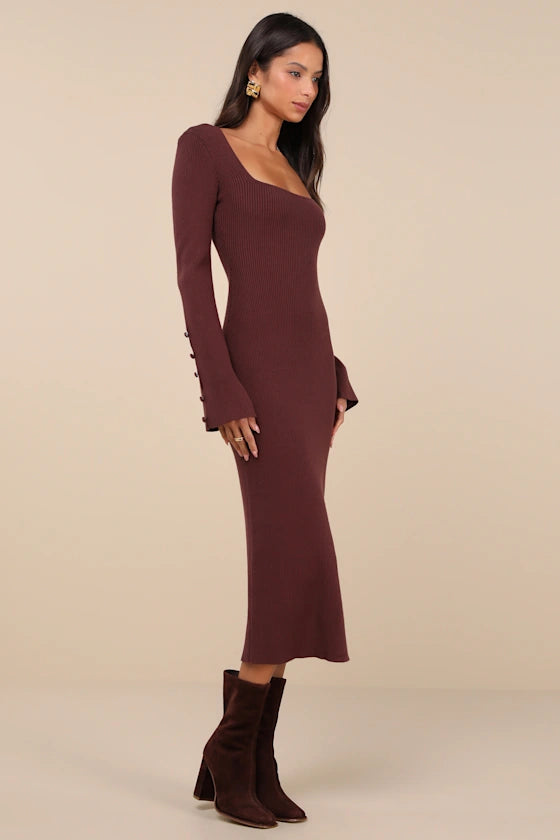 Classy Attitude Brown Ribbed Square Neck Midi Sweater Dress