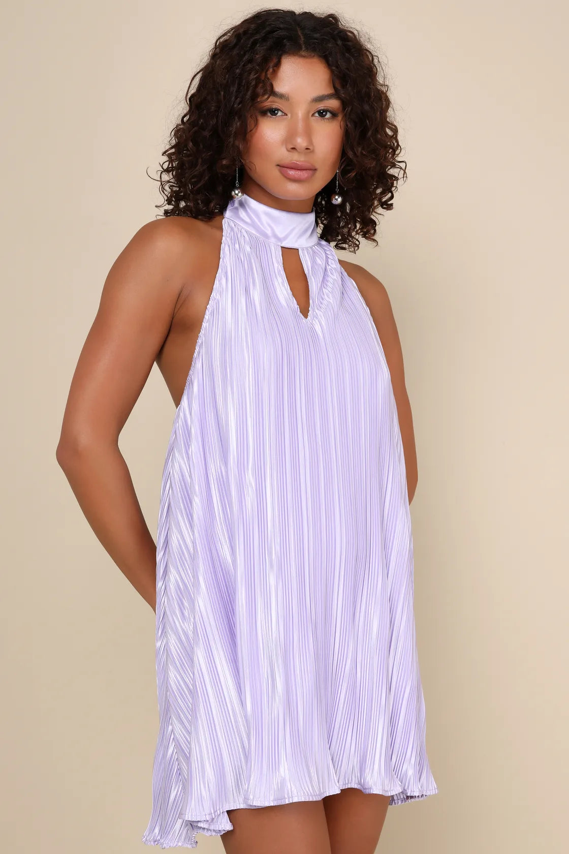 Pretty Aura Yellow Satin Plisse Mock Neck Mini Swing Dress