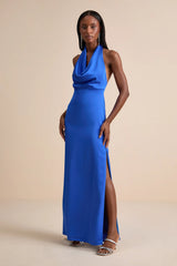 Carmelo Blue Satin Halter Neck Backless Maxi Dress
