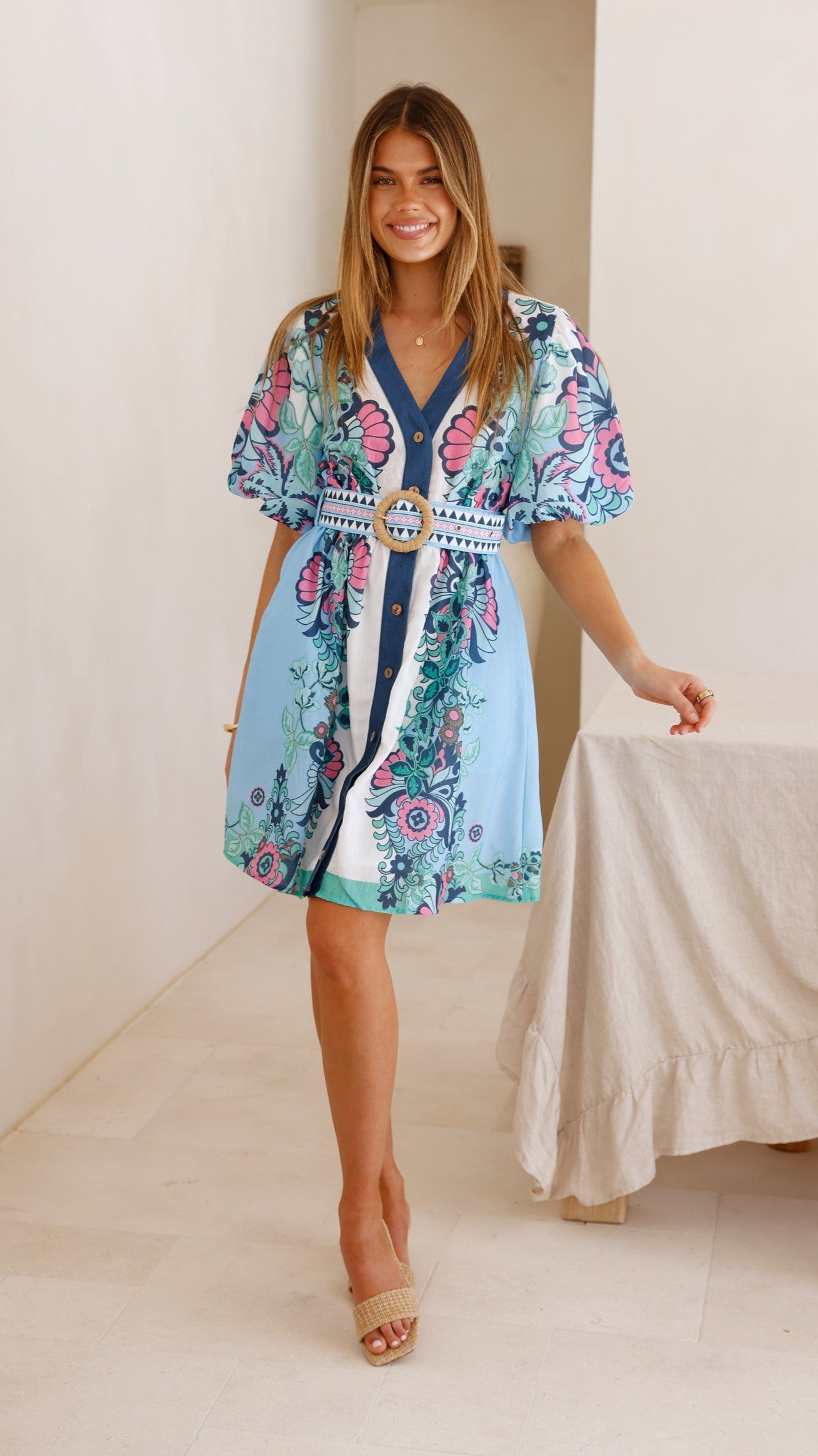Dali Mini Dress - Island Bloom Blue
