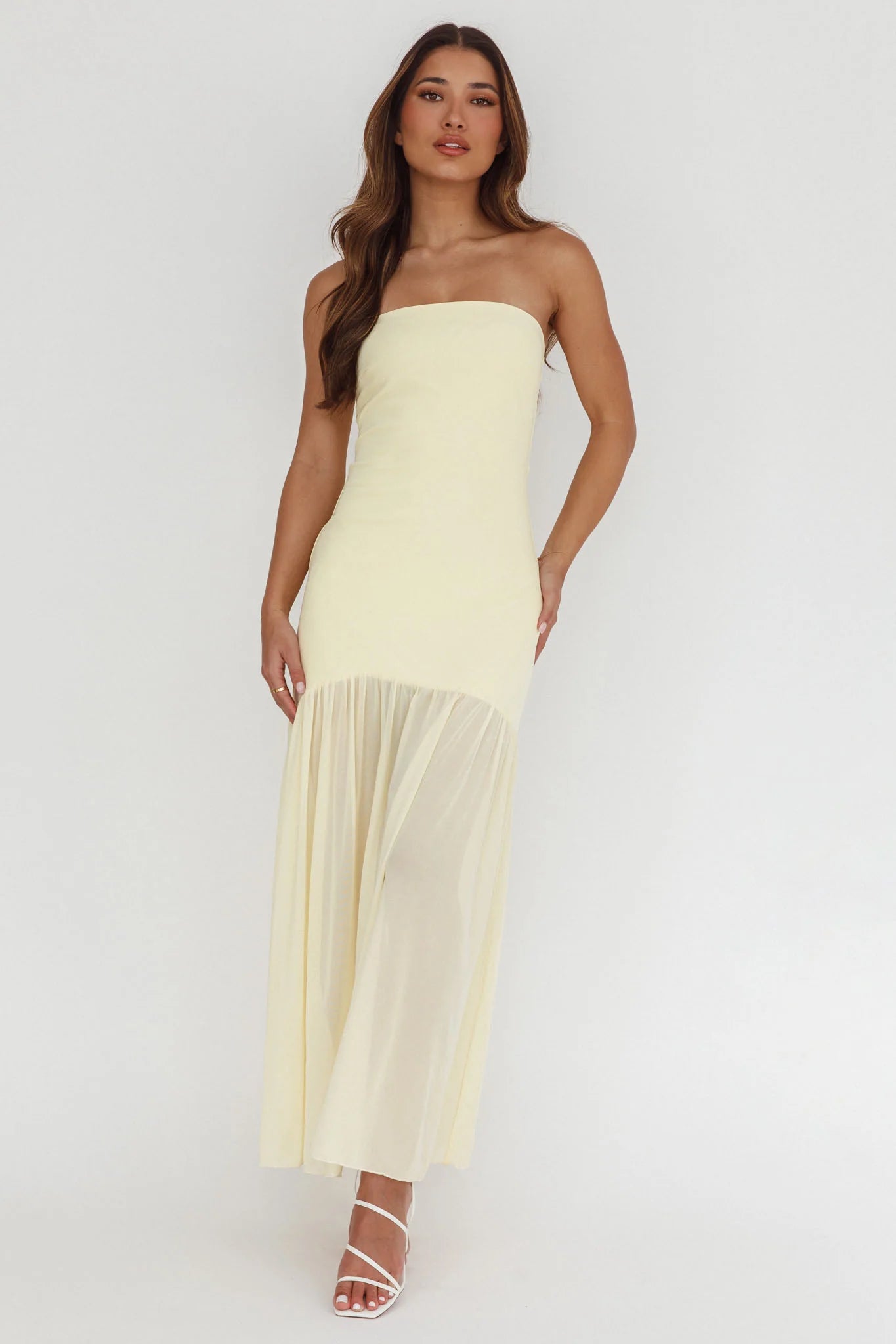 Wilma Sheer Hem Strapless Midi Dress Butter
