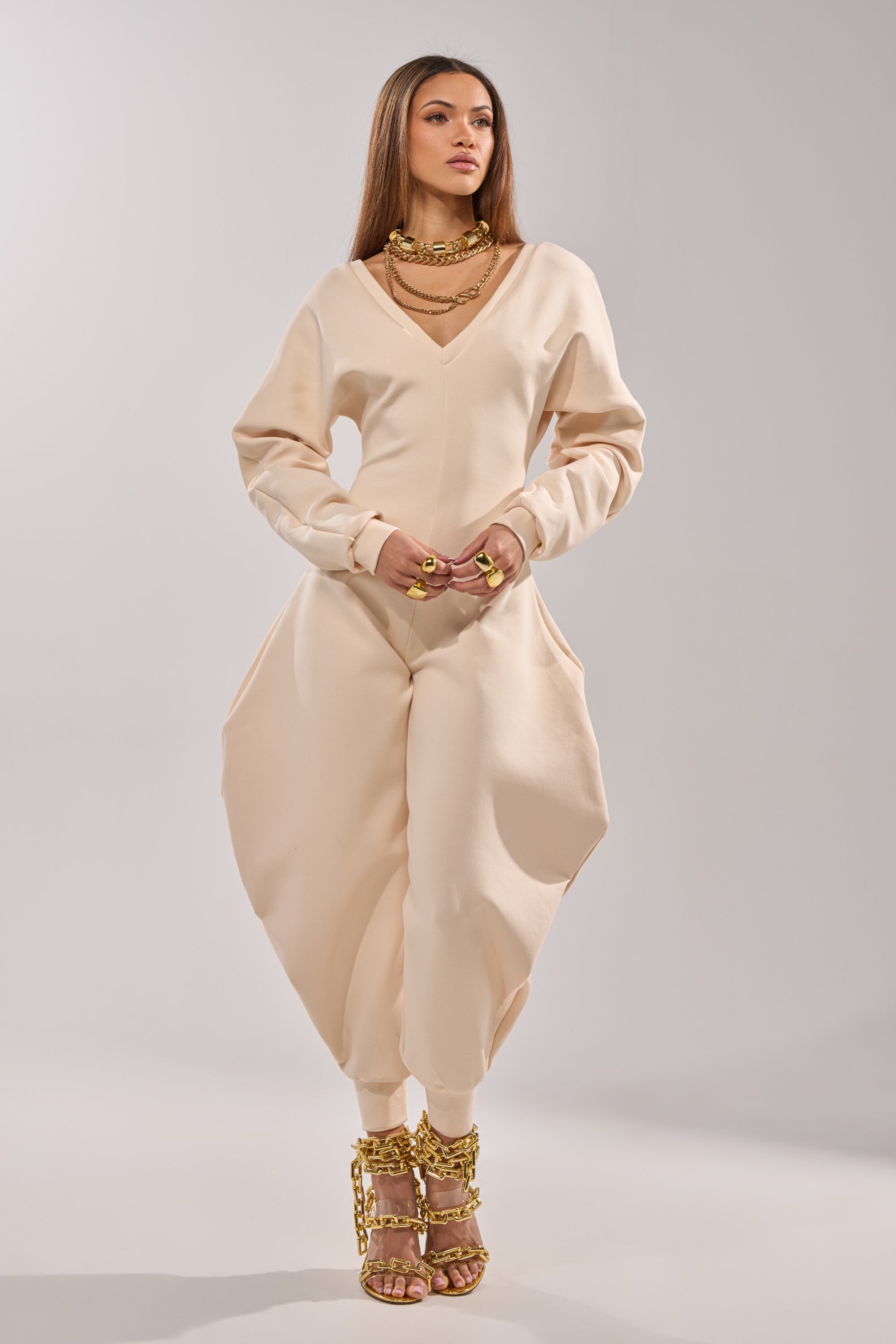 COMFY COZY SWEATSHIRT JUMPSUIT IN BONE