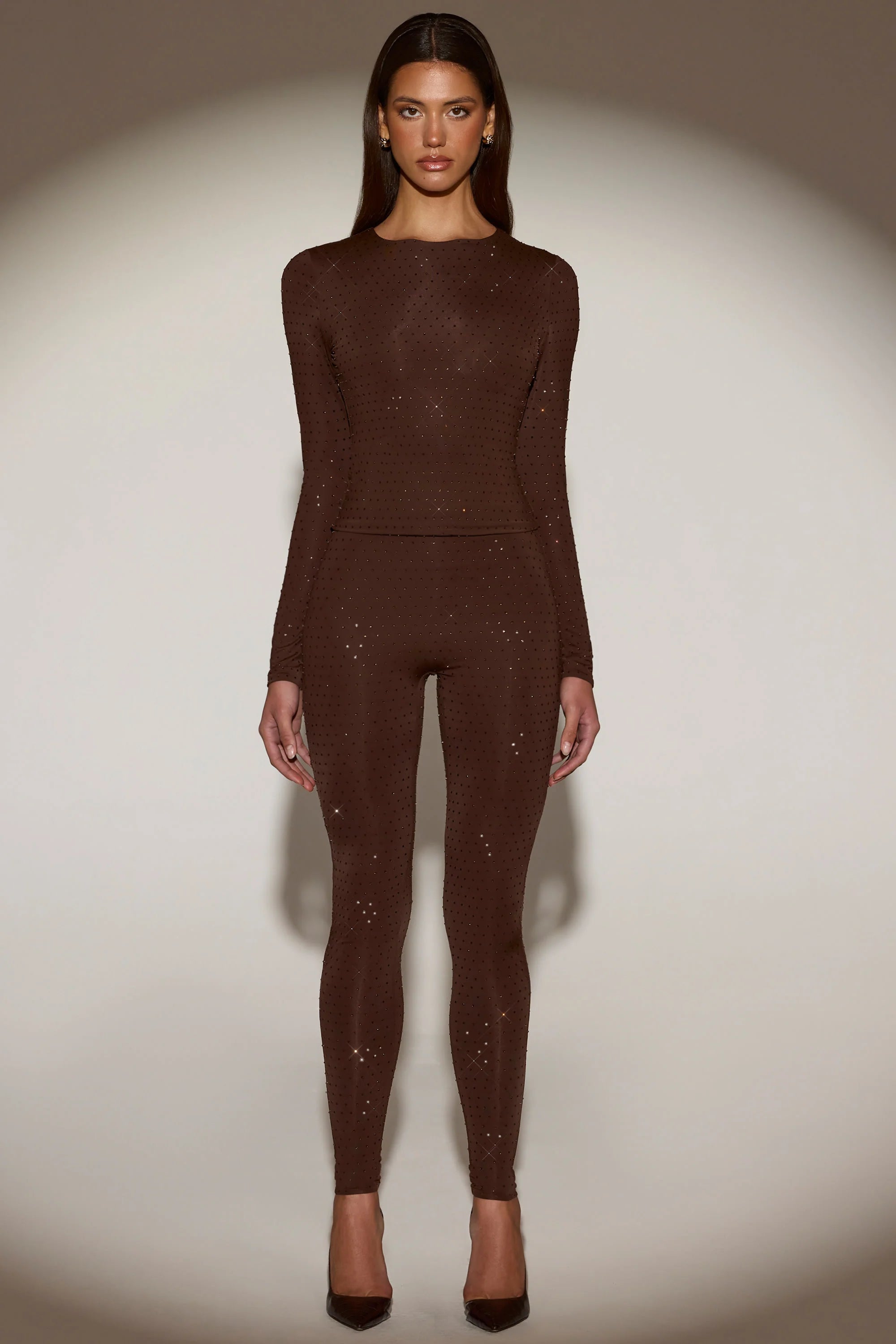 Embellished Long-Sleeve Top in Chocolate Brown