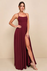 Dreamy Romance Burgundy Backless Maxi Dress