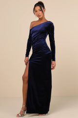 Notorious Icon Navy Blue Velvet Asymmetrical Maxi Dress