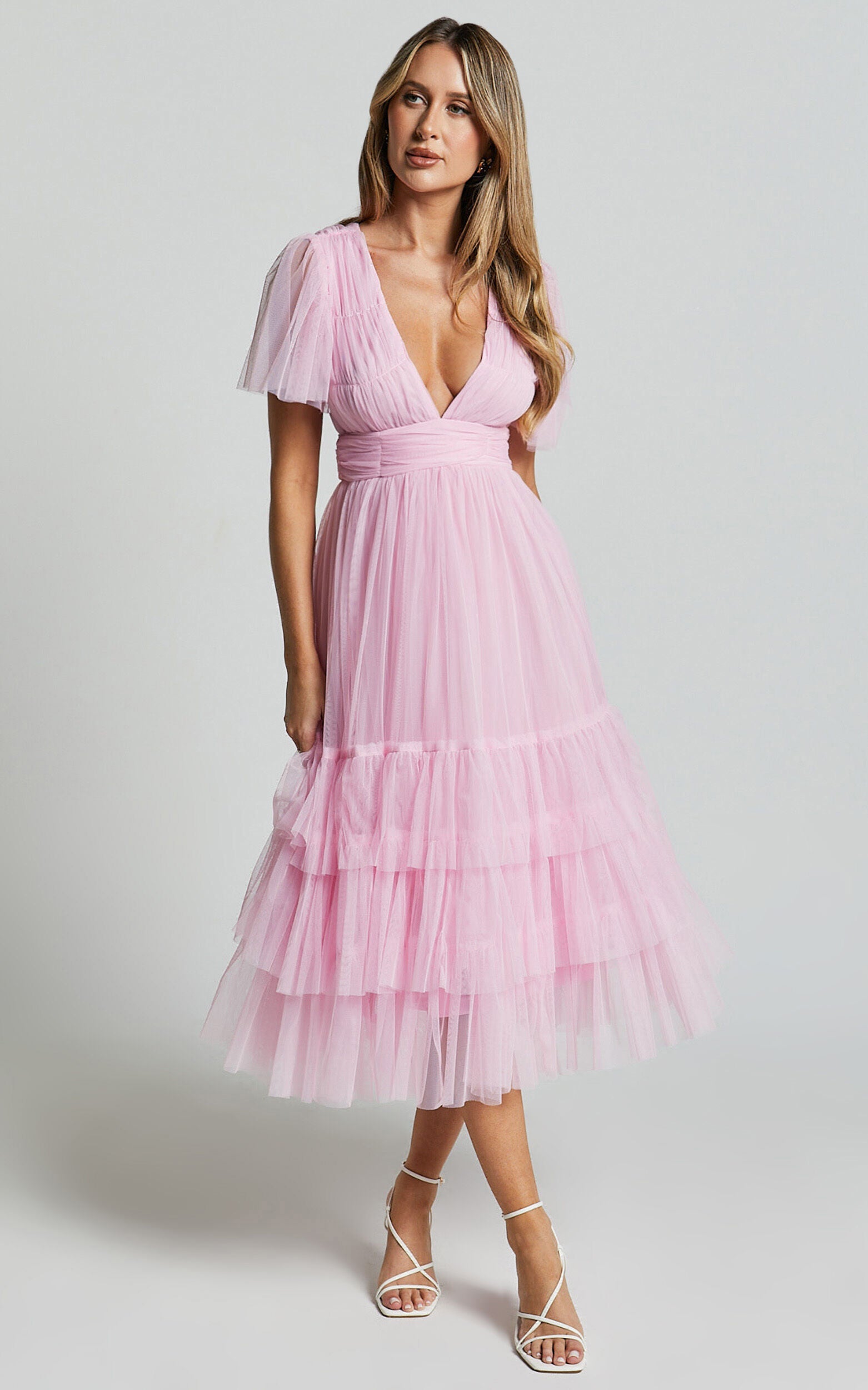 Jiraye Midi Dress - Flutter Sleeve Tuelle Plunge Dress in Ballet Pink