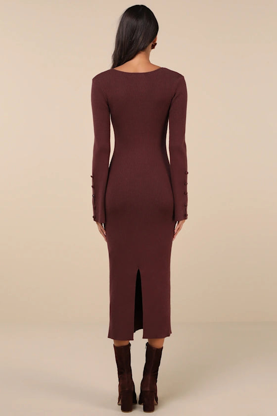 Classy Attitude Brown Ribbed Square Neck Midi Sweater Dress