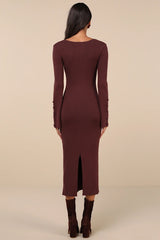 Classy Attitude Brown Ribbed Square Neck Midi Sweater Dress