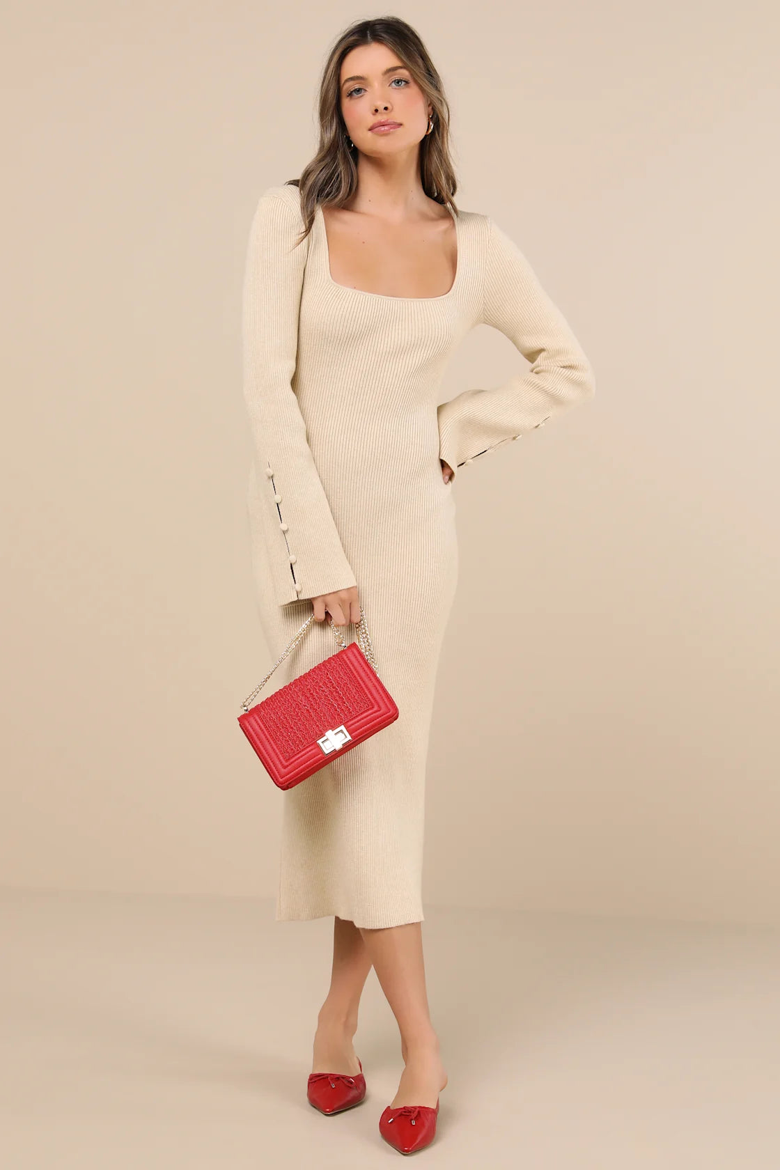 Classy Attitude Emerald Ribbed Square Neck Midi Sweater Dress