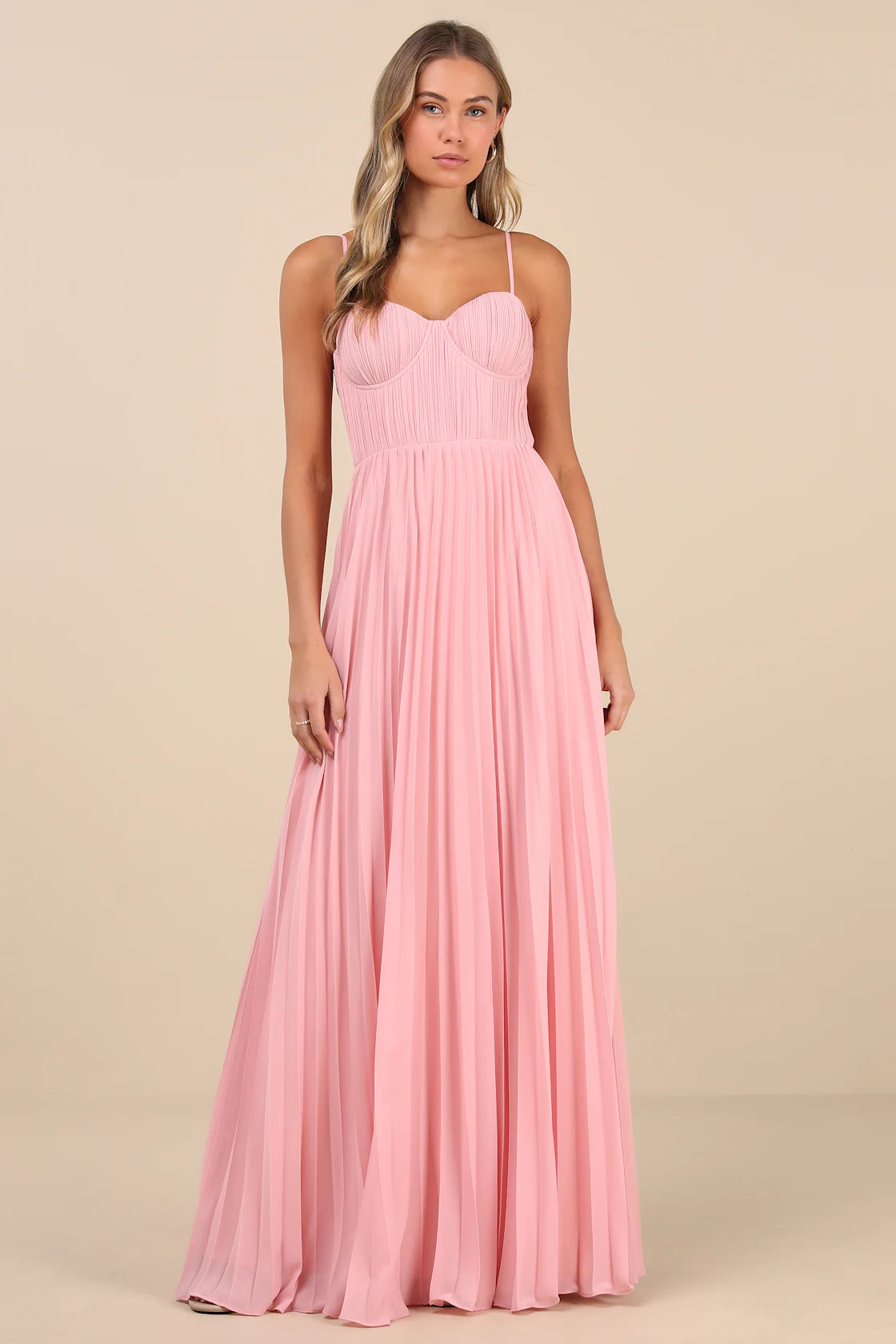 Admirable Elegance Light Pink Pleated Bustier Maxi Dress