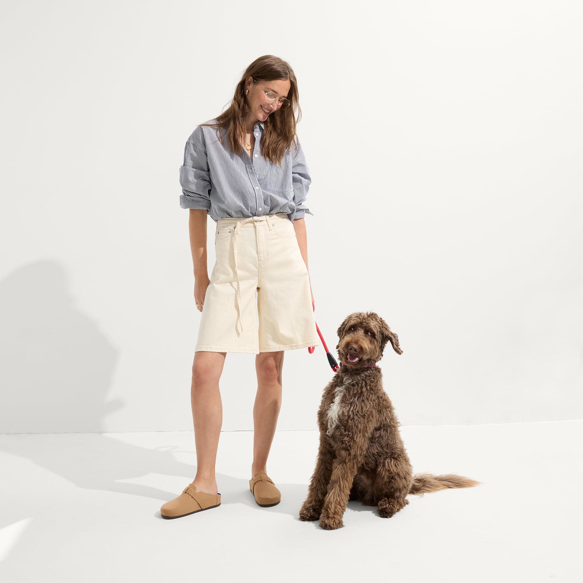 hover | Model wearing The Braid Clog in Butternut.