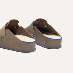 hover | Close up of the heel and sherpa lining of The Men's Cozy Clog in Sparrow, with Rothy's signature blue halo. 