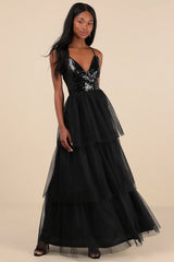 Maydon Black Tulle Sequin Tiered Maxi Dress