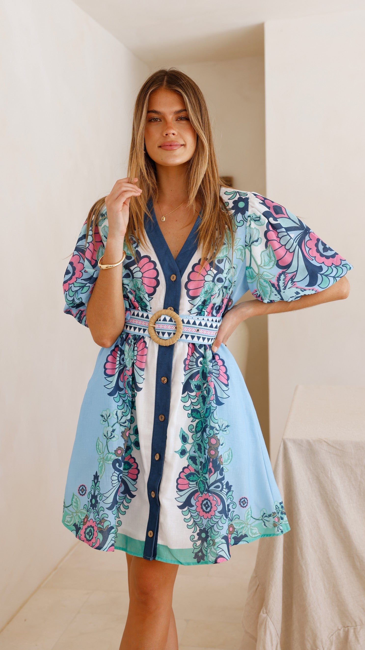 Dali Mini Dress - Island Bloom Blue