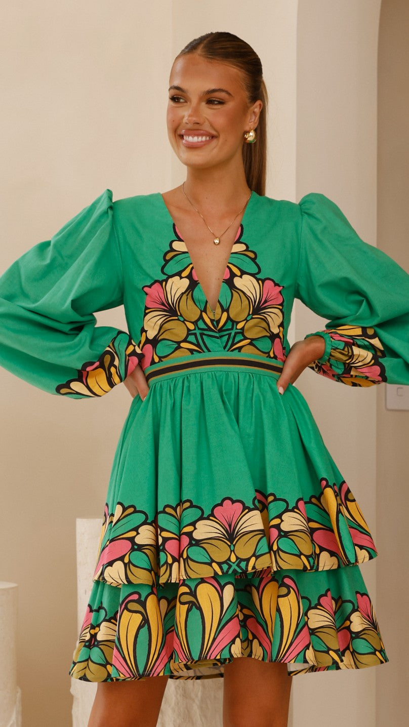 Portugal Long Sleeve Mini Dress - Apple
