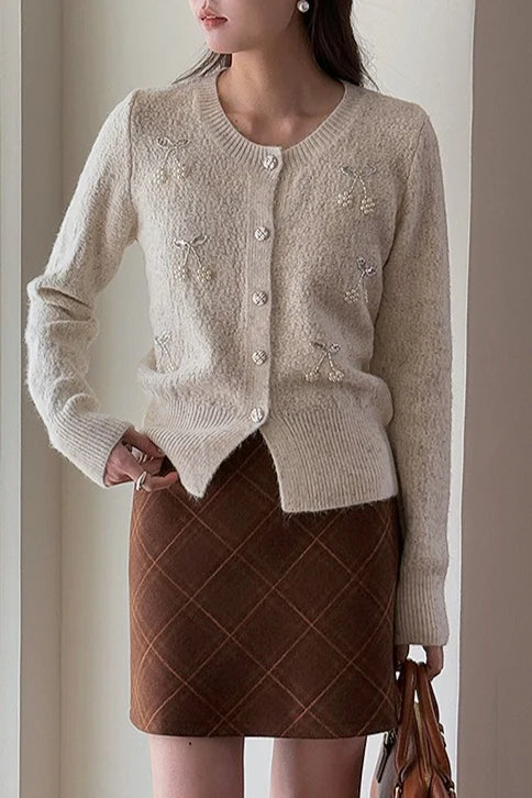 Embroidered 3D Cherry Knit Christmas Cardigan
