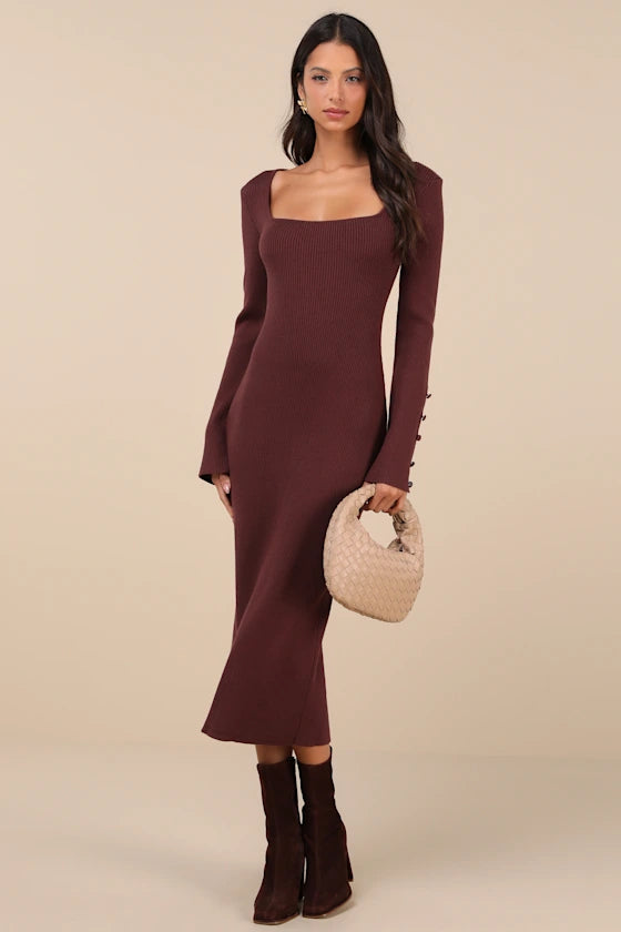 Classy Attitude Brown Ribbed Square Neck Midi Sweater Dress