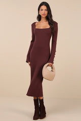 Classy Attitude Brown Ribbed Square Neck Midi Sweater Dress