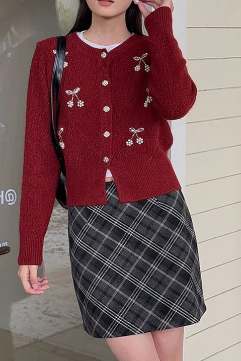 Embroidered 3D Cherry Knit Christmas Cardigan